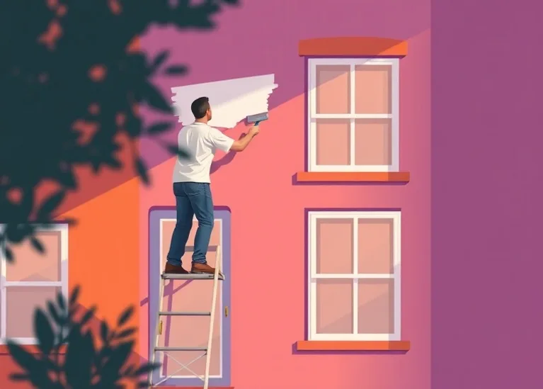 Peintre sur échafaudage traitant la façade d'une maison
