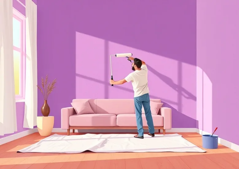 Peintre appliquant la peinture au rouleau sur un mur de salon